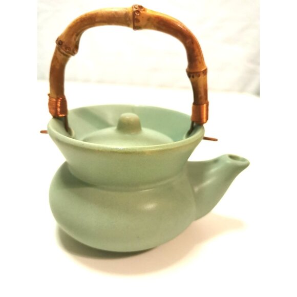 Chino Celadon Mint Green Teapot with Bamboo Handle JAPAN Vintage - Picture 1 of 10